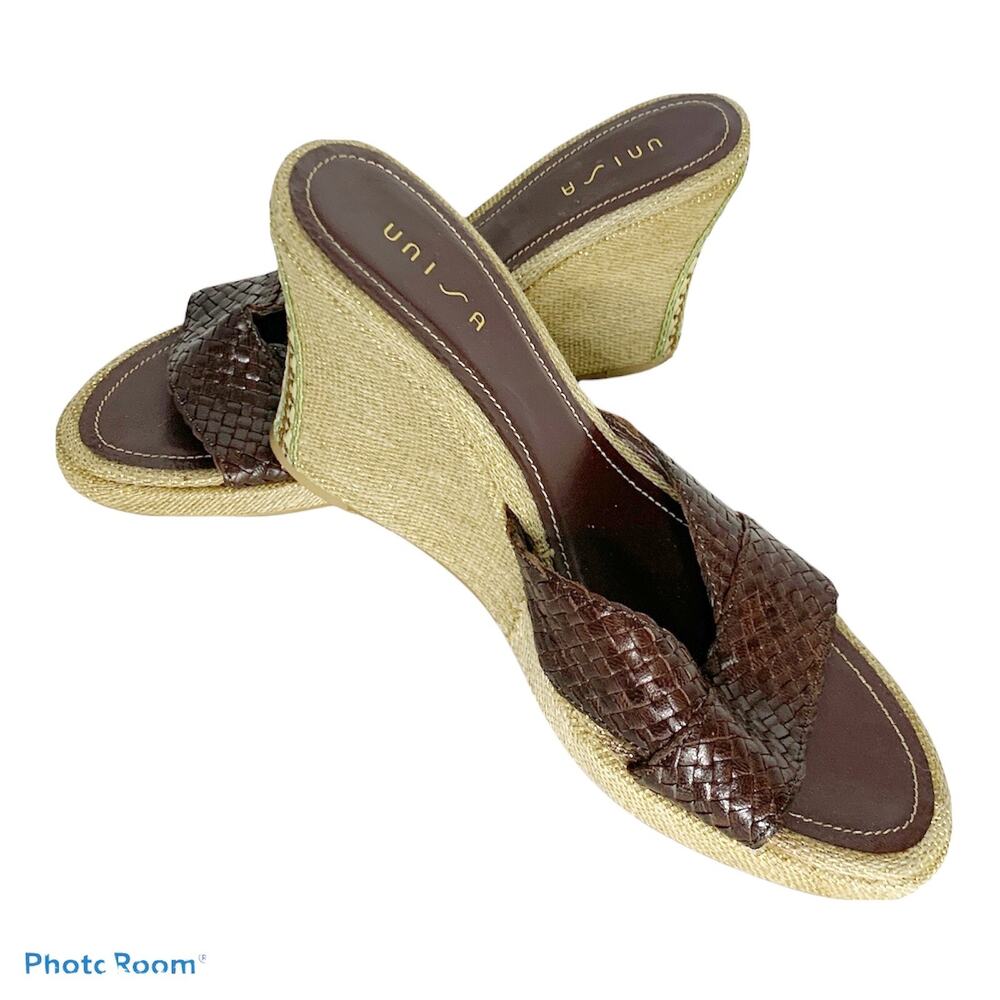 Unisa Wedge Sandals Braided Leather Slip On Brown Gold Bohemian Size 9